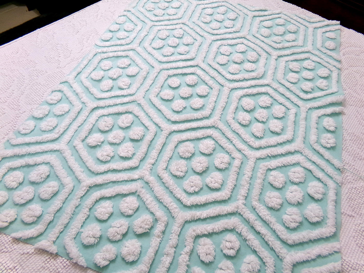 Vintage Chenille Fabric Coastal Fresh Aqua White Geometric Hexagon Dot 18x24"