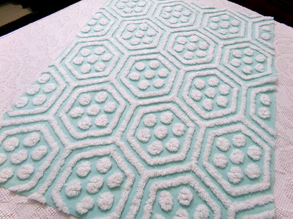 Vintage Chenille Fabric Coastal Fresh Aqua White Geometric Hexagon Dot 18x24"