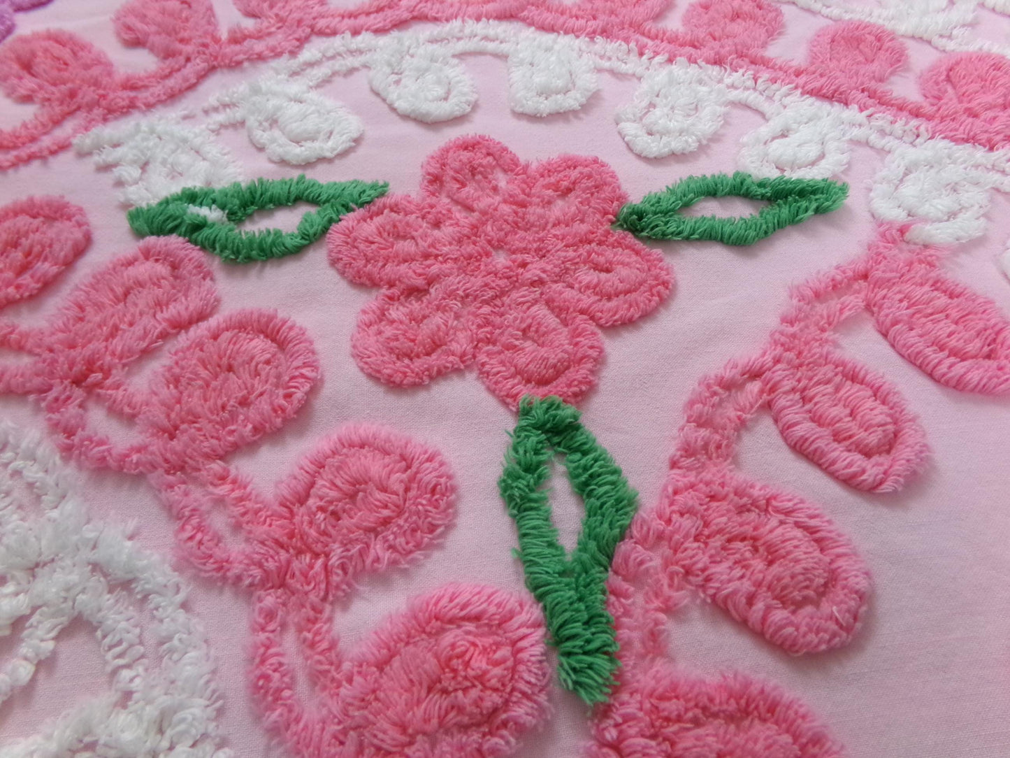 Pink Floral Vintage Chenille Bedspread Fabric, shabby cottage sewing craft quilt material, 20" x 24" piece
