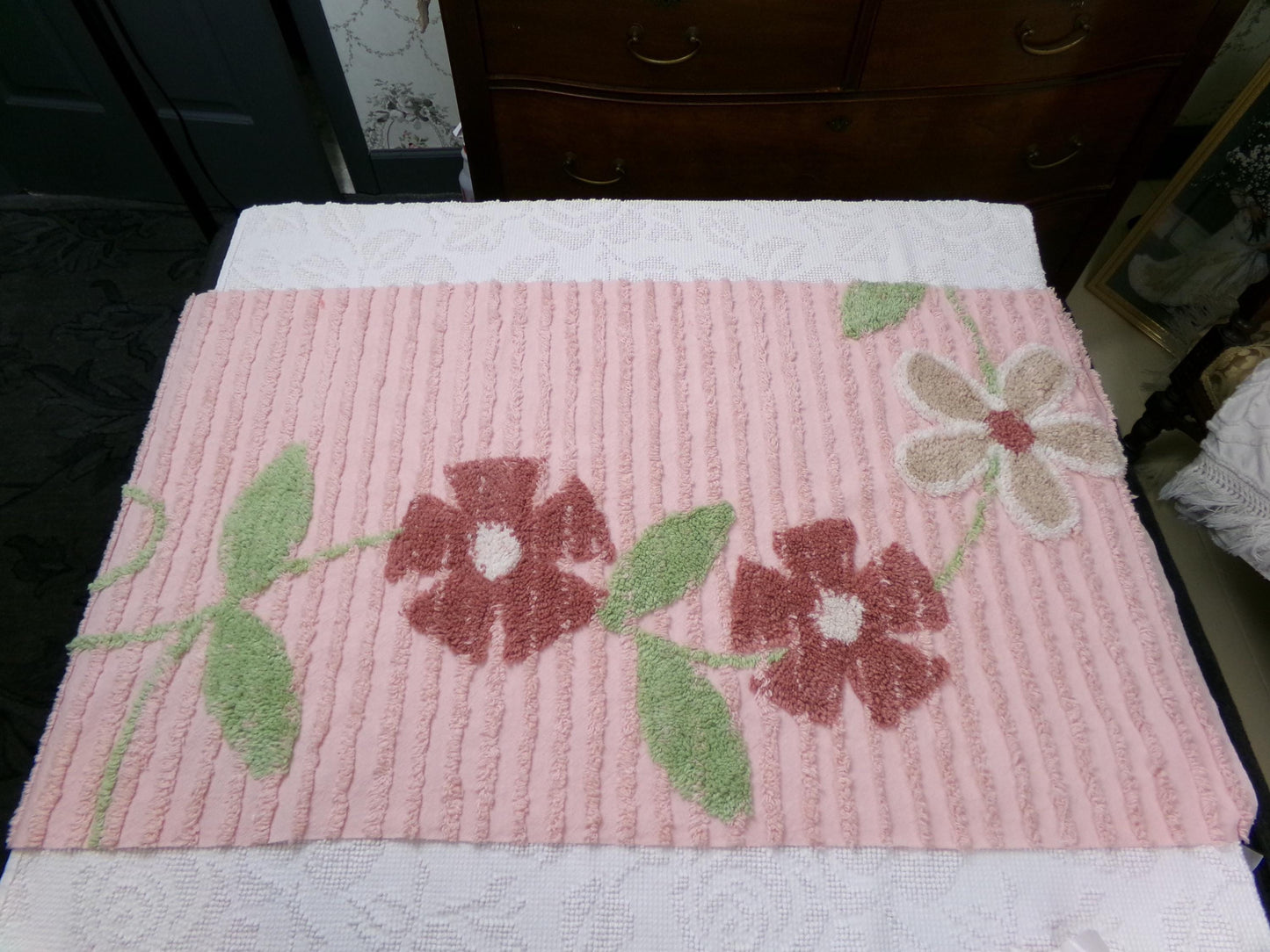 pink vintage chenille bedspread fabric, rambling floral vine sewing craft material 19" x 36"