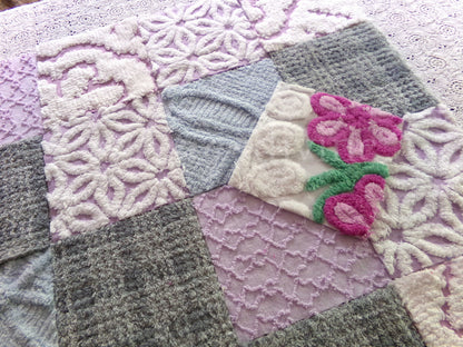Sweet Dreams Vintage Chenille Fabric Squares, in Grey, Lilac, White & Blue, Set of 17 Blocks, 6" Each for Quilts, Crafts