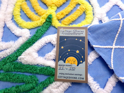 Vintage Blue Chenille Fabric, Yellow Flower on White Terrace Tuft, 22" x 23.5" Piece Sewing Quilt Material