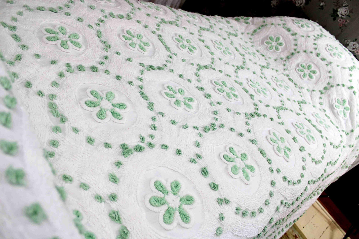 Twin Vintage Chenille Bedspread, Lucky Shamrock Green Flower Circles on White Coverlet