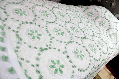 Twin Vintage Chenille Bedspread, Lucky Shamrock Green Flower Circles on White Coverlet