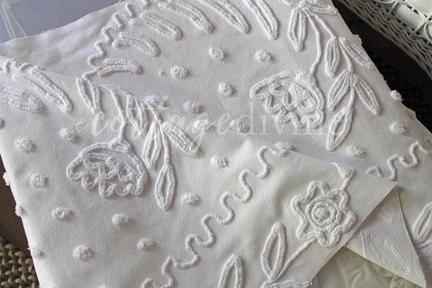 Elegant White Vintage Chenille Fabric, 20" x 23" inch Piece of Sewing Material for Quilts & Crafts