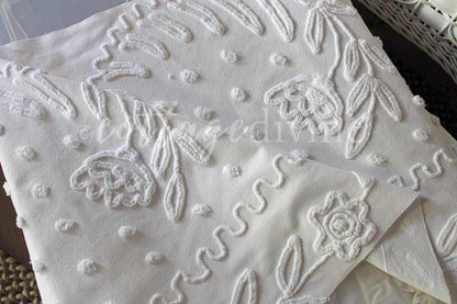 Elegant White Vintage Chenille Fabric, 20" x 23" inch Piece of Sewing Material for Quilts & Crafts