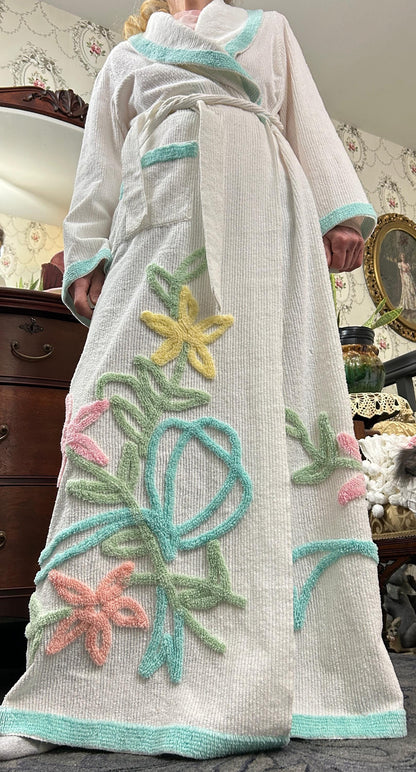 Vintage Chenille Robe White with Aqua Floral Tufting, Full Length Women’s S Bathrobe