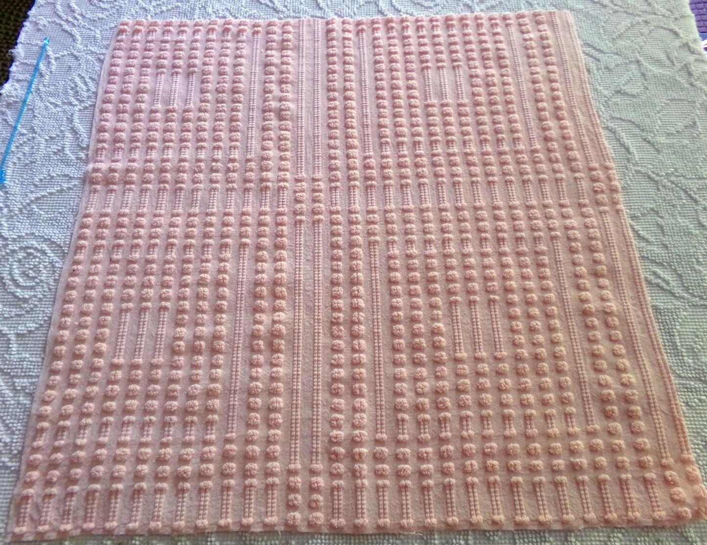 Unique Windowpane Pops Vintage Chenille Fabric, 22" x 22" Piece, Texture Tuft Popcorn Dots & Dashes in Rosy Pink