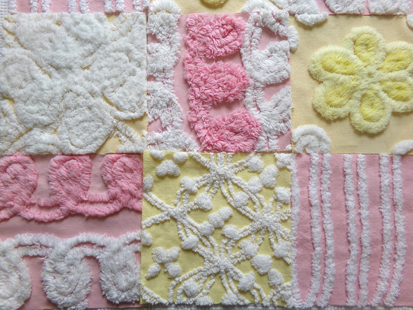 vintage chenille fabric squares, "sunshine smiles" set of 16 pink & yellow floral 6" quilt blocks for quilting, crafts, sewing