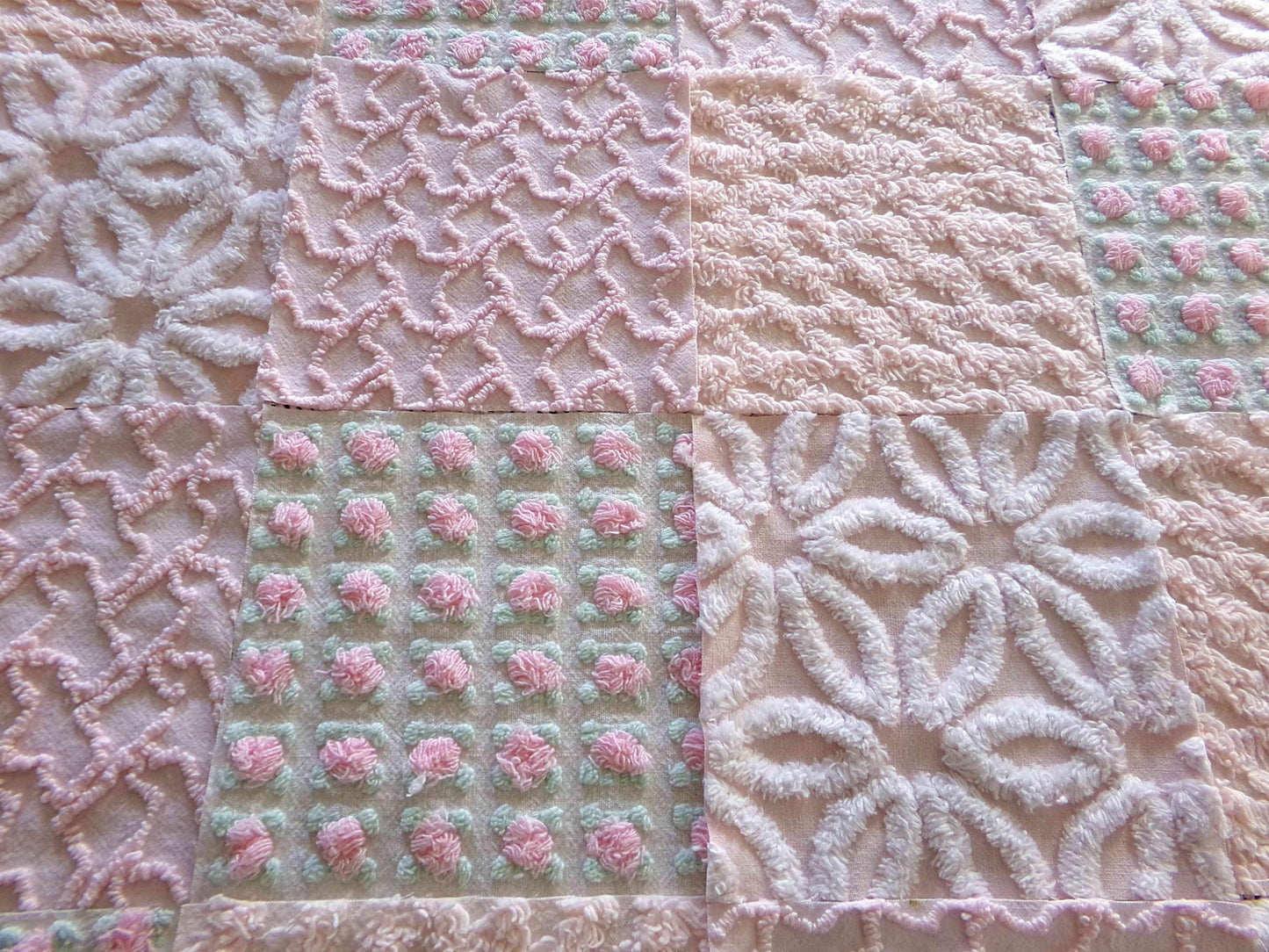 Nectar & Petal Vintage Chenille Quilt Squares Set of 16 Blocks, 6" inch ea in pretty daisies, pink rosebuds, peach lattice