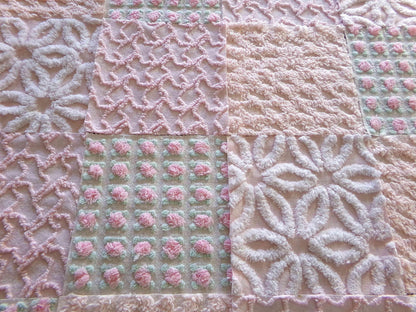 Nectar & Petal Vintage Chenille Quilt Squares Set of 16 Blocks, 6" inch ea in pretty daisies, pink rosebuds, peach lattice