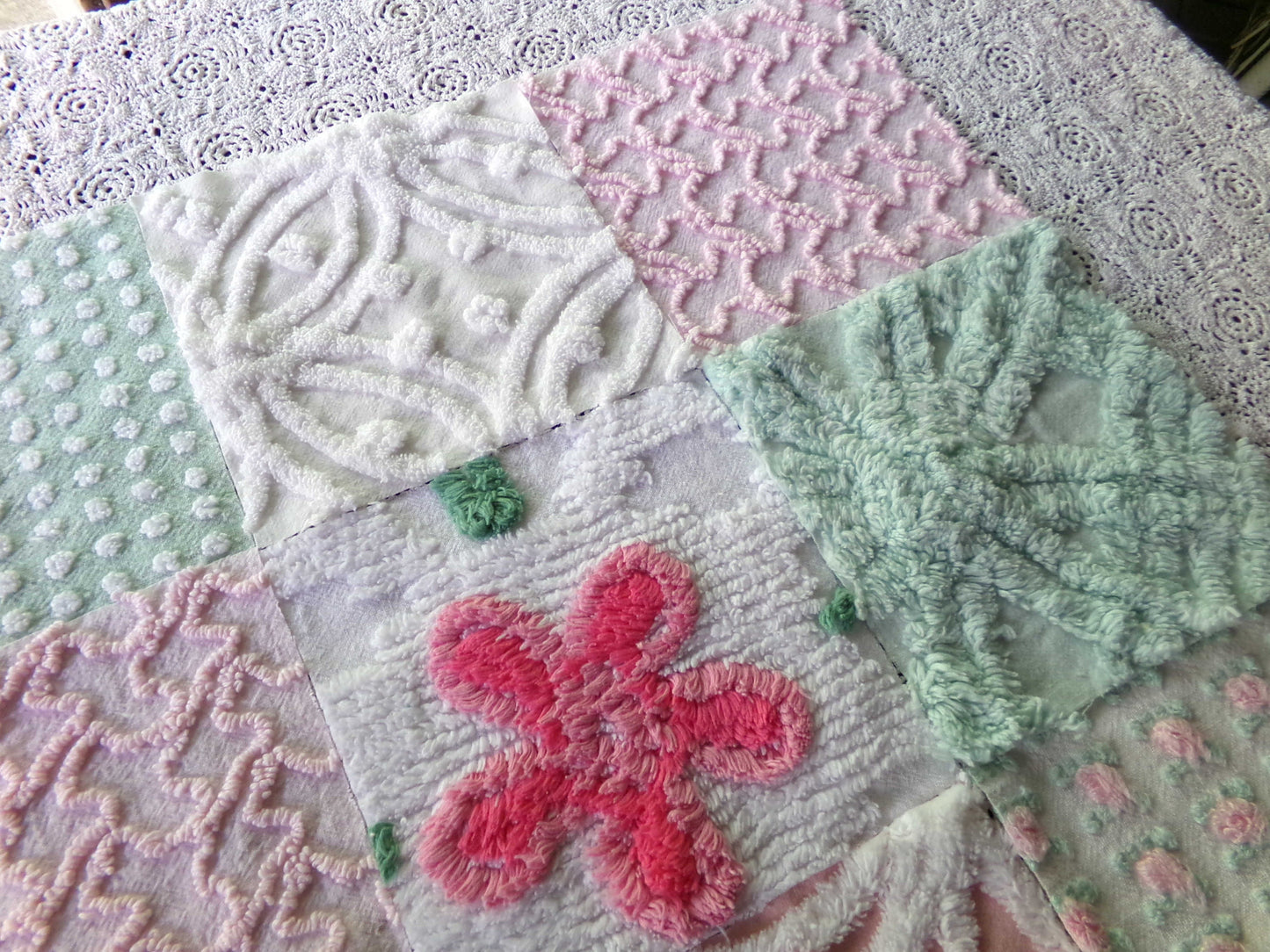 chenille 6" fabric squares, set of 16 vintage quilt blocks in joyful springtime colors of pink, green & white floral and geometric