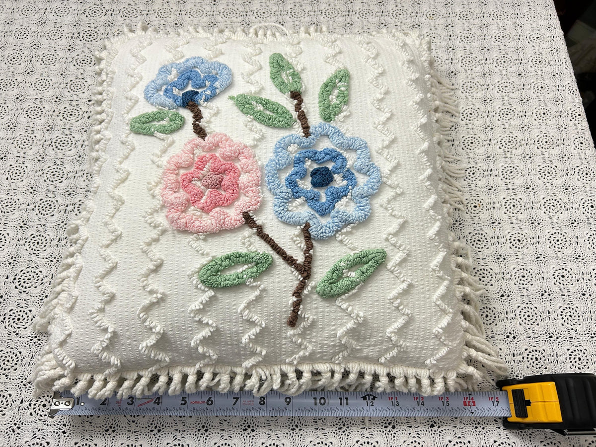 Vintage Floral Chenille Pillow Cover, Shabby Chic Reversible 16" Square Design