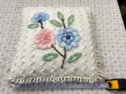 Vintage Floral Chenille Pillow Cover, Shabby Chic Reversible 16" Square Design