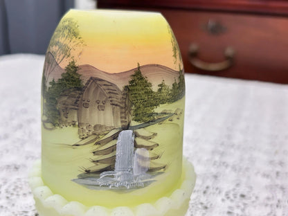Vtg Fenton Fairy Lamp Satin Custard Glass Hand Painted Water Mill Gloria Finn