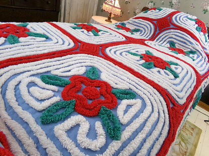 midnight in a garden of roses vintage chenille bedspread, red flowers on starry blue with white swirl tufting, full size bedding