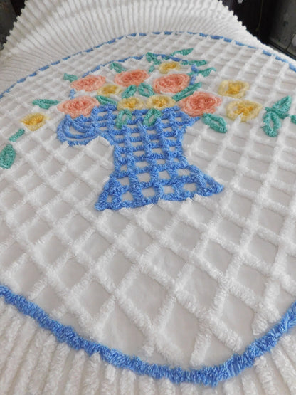 cottage style vintage chenille bedspread, spring flower basket on radiating white sunburst tufting, full size cotton bedding