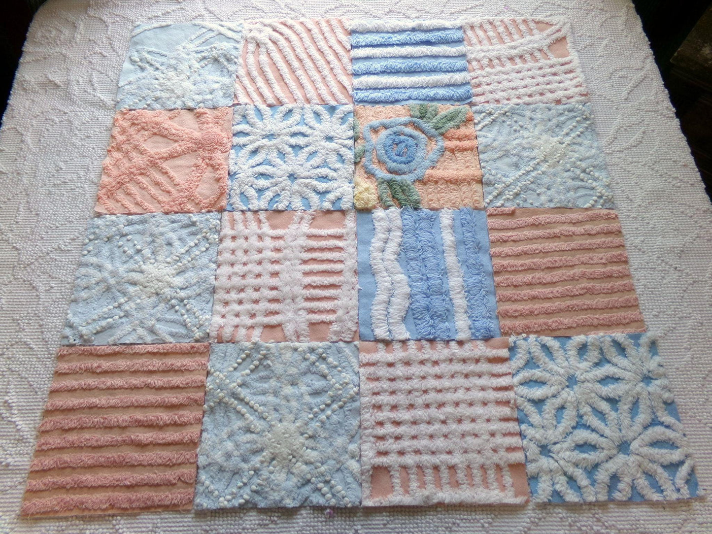 frost & fizz vintage chenille fabric squares, set of 16 blue, peach, white 6" quilt blocks for arts, crafts sewing