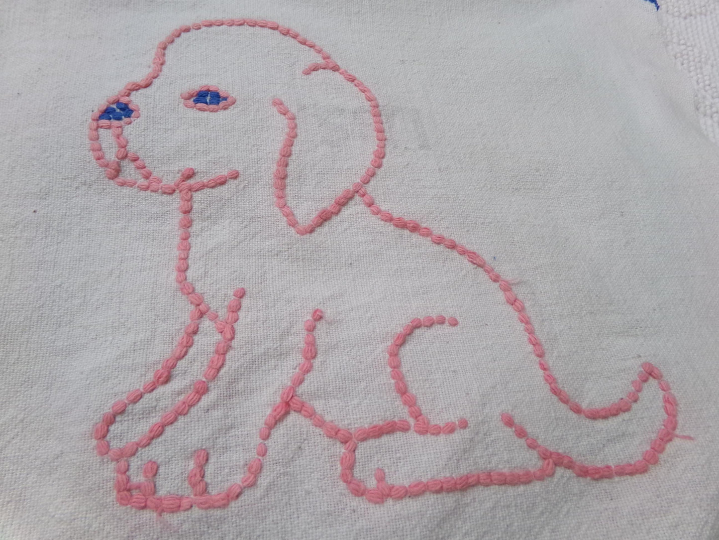 Pink Puppy Dog Vintage Chenille Fabric, Pair of Puppies on Cotton Feedsack, 12" x 26" Piece