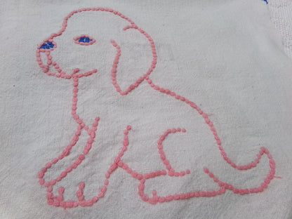Pink Puppy Dog Vintage Chenille Fabric, Pair of Puppies on Cotton Feedsack, 12" x 26" Piece