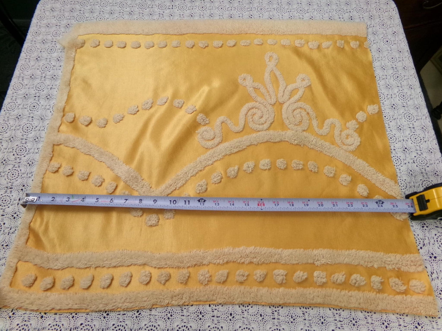 Vintage Gold Satin Chenille Tufted Fabric Swag Scroll Elegant Sewing Material 23x25"