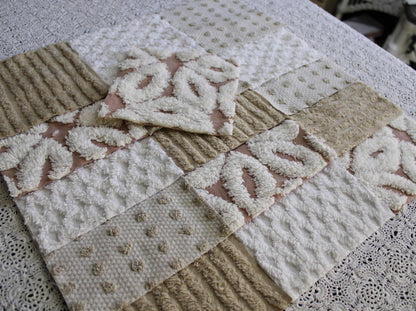 Chenille Fabric Squares, Neutral Sand, Tan & White Craft Square Set from Vintage Bedspread Fabric, 16 Blocks, 6" x 6" inch