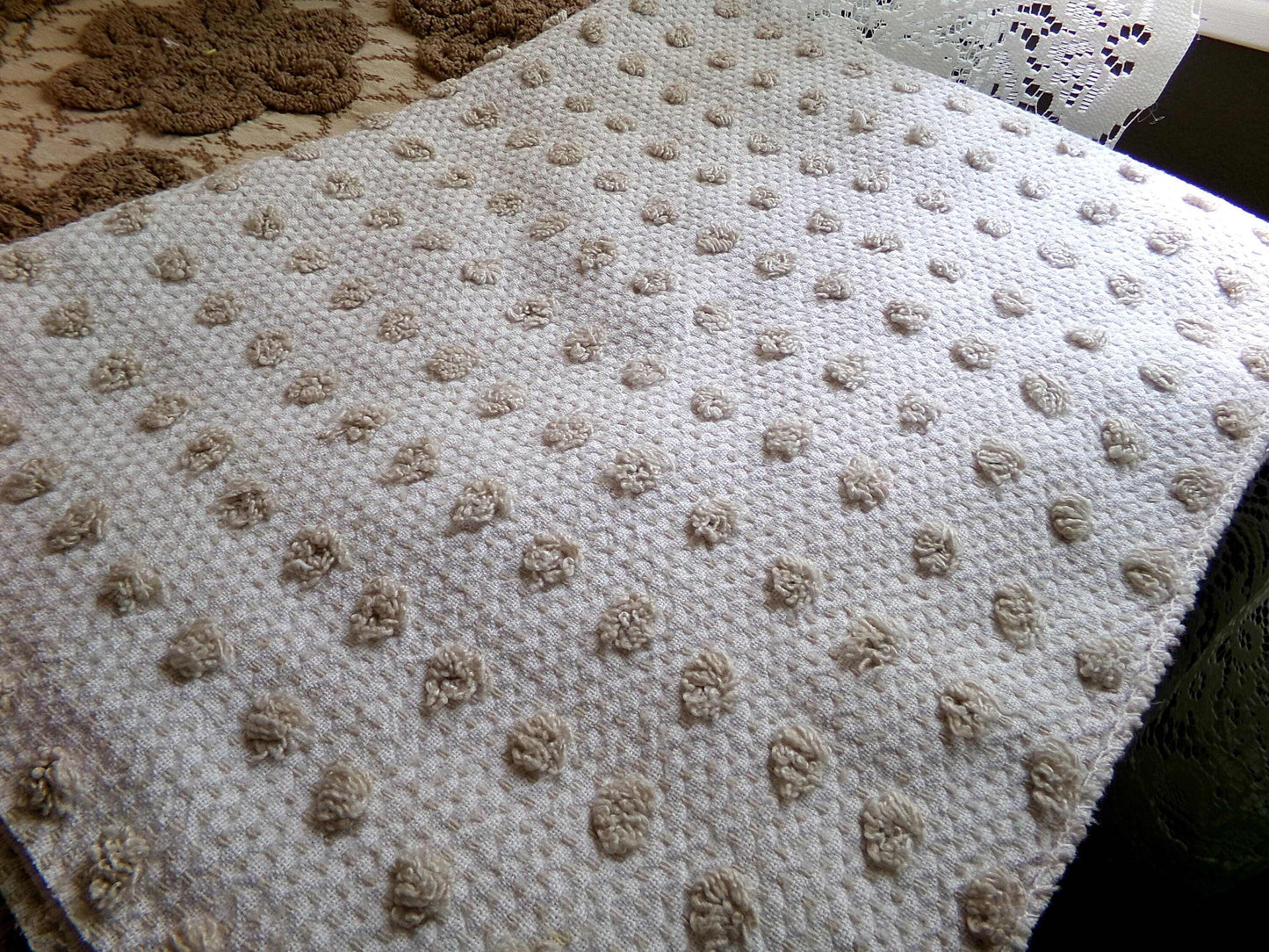 Sand Dune Vintage Chenille Fabric, Cute Dots on a Woven Sandy Brown & White Bkgd, 18" x 24" Inch Piece, Neutral Color
