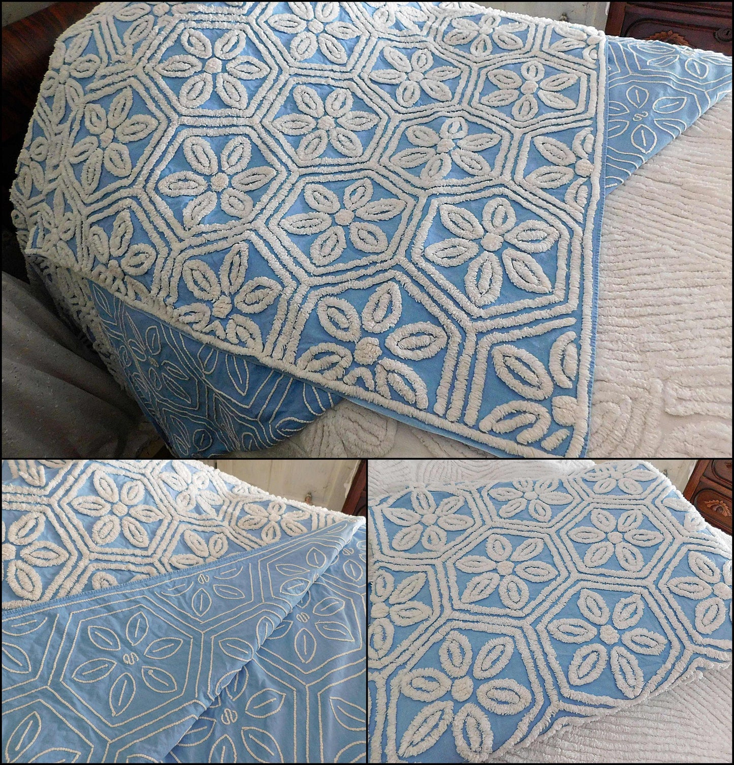coastal blue vintage chenille bedspread, white daisies on sky blue, summer cottage full size cotton bedding