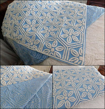coastal blue vintage chenille bedspread, white daisies on sky blue, summer cottage full size cotton bedding
