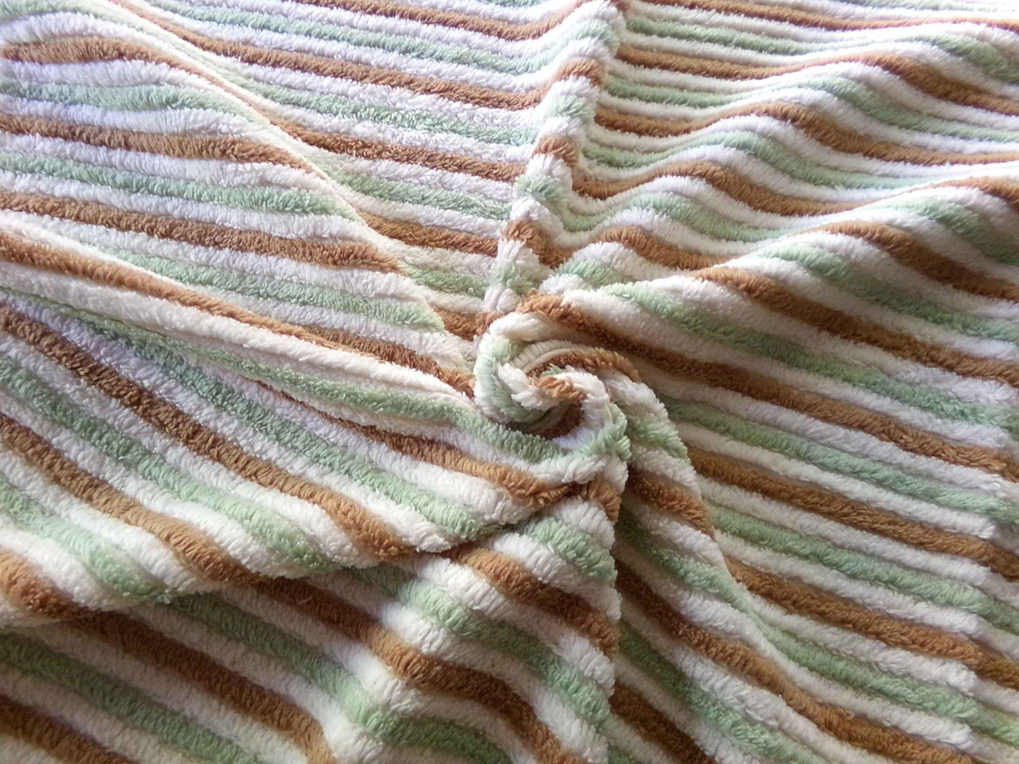 vintage striped chenille fabric in cocoa puff & mint green velvety soft stripes, 18" x 24" cut piece