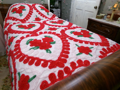 Vintage Chenille Bedspread - Red & White Hearts - Romantic Shabby Chic Cottage Decor - Full Size Bedding