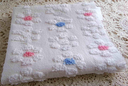 Vintage Style Chenille Fabric, Y2K Daisy, White, Pink & Blue, 22x26" Piece