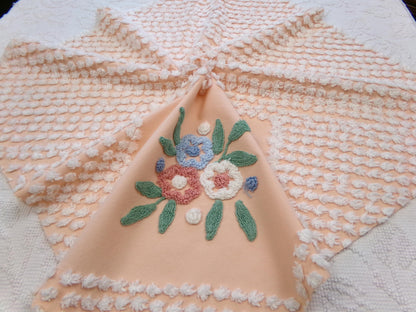 Vintage Peach Chenille Fabric Floral White Puff Tufts, Quilting Crafts Cottage Chic Bedspread Material Upcycle Sewing Supply, 26" x 27"