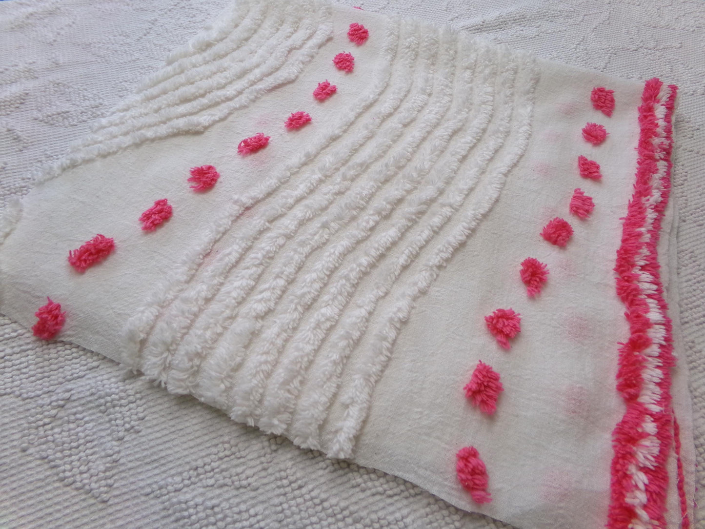 zany white & hot pink vintage chenille fabric: interesting piece of sewing material, 15" x 28" lightweight cotton blend piece