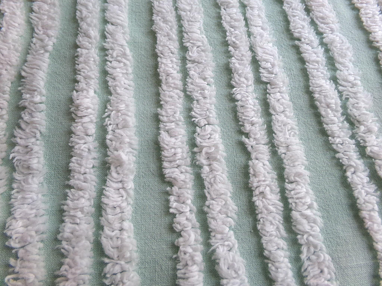 mint green & white striped chenille fabric, tufted stripes on vintage cotton, 16" x 27" inch cut piece, for sewing, craft projects