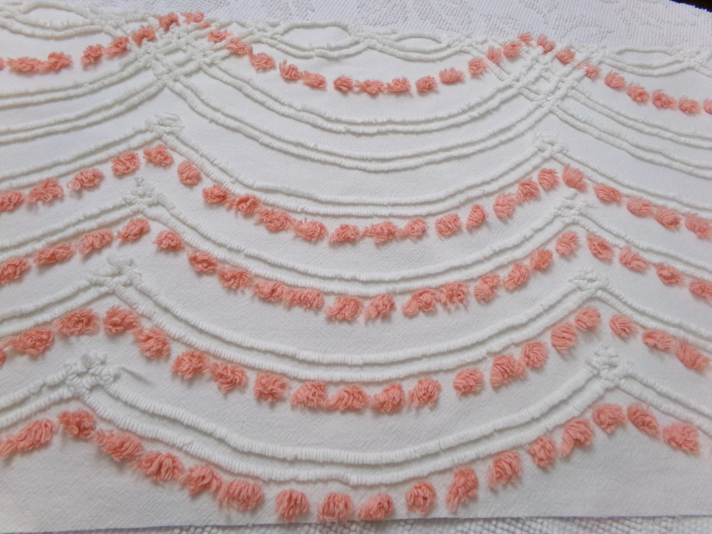 Peach Dot Swags Vintage Chenille Bedspread Fabric, White Cotton Sewing Material, 15" x 30"