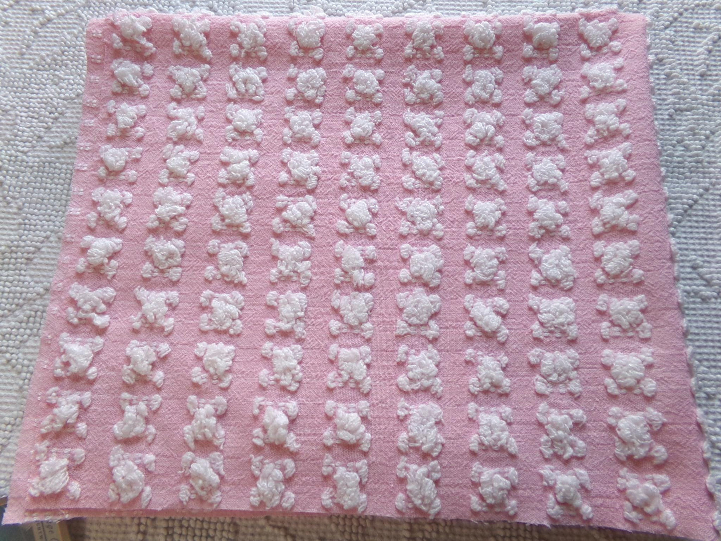 Carnation Pink White Rosebud Vintage Chenille Fabric, Soft Ombre Variations 18" x 25"