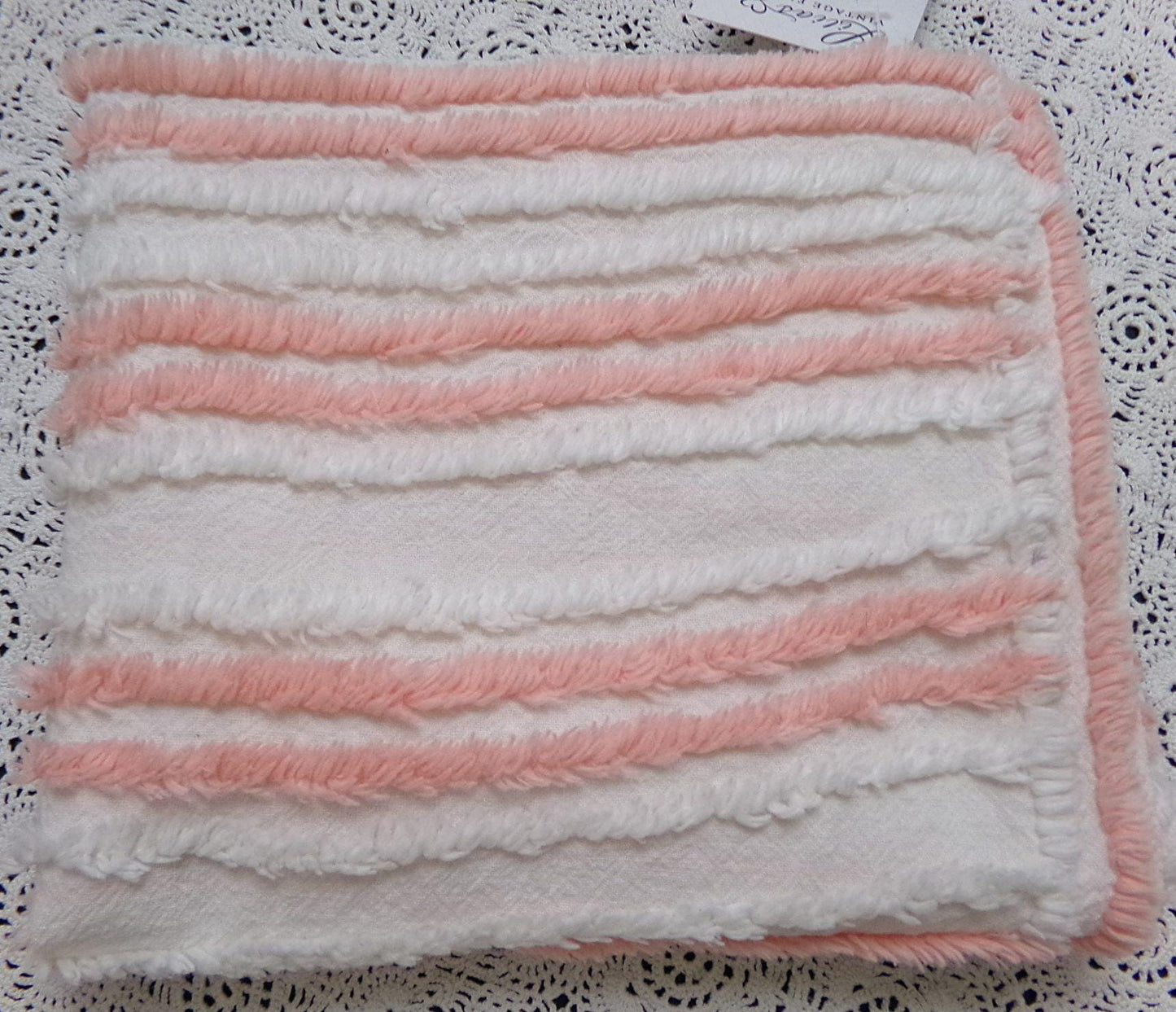 vintage chenille bedspread fabric summer peach white stripes 15.5x29" piece