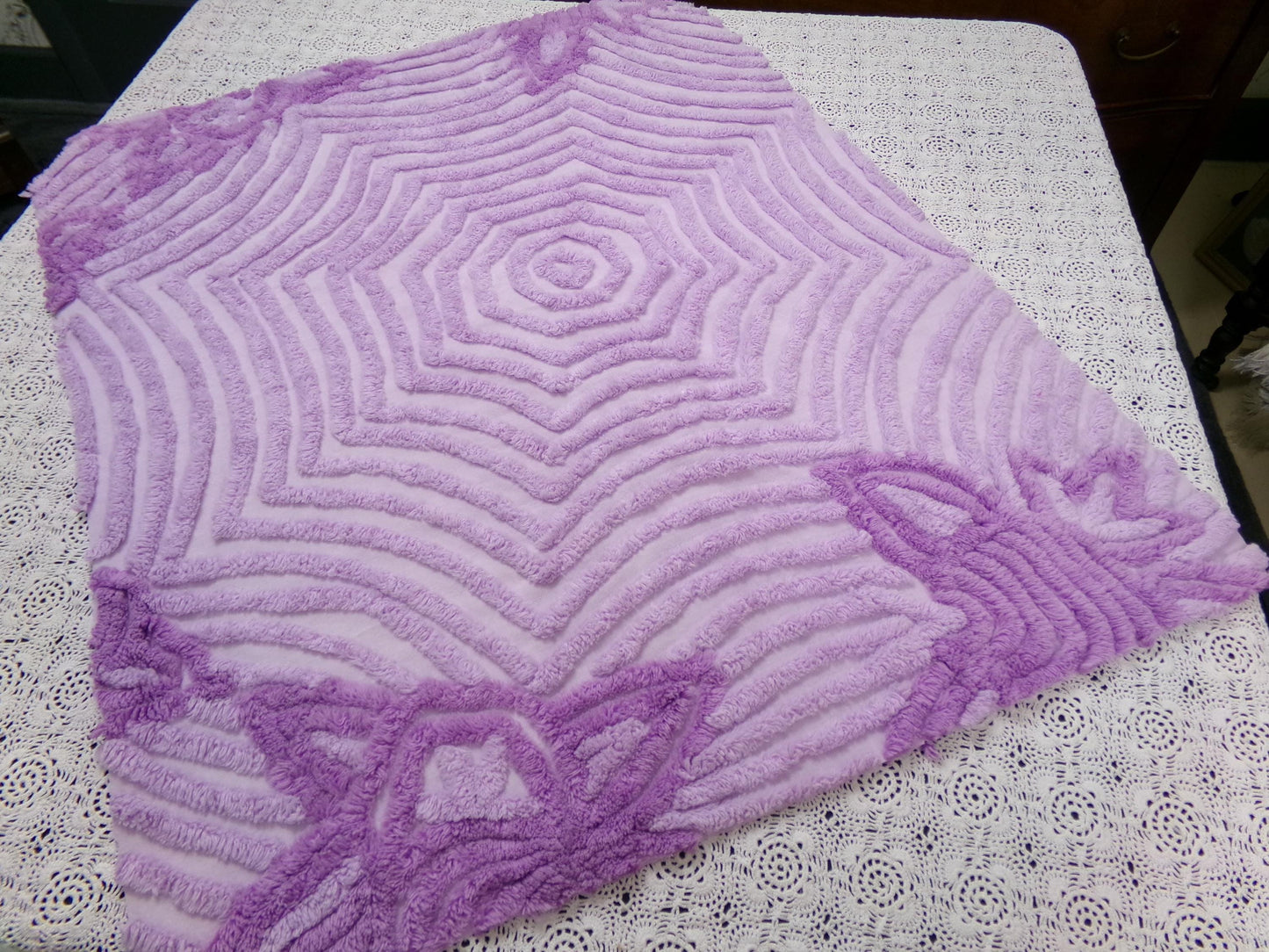Hypnotic Spiderweb Vintage Chenille Fabric Piece Lavender 23x27" Mesmerizing Design
