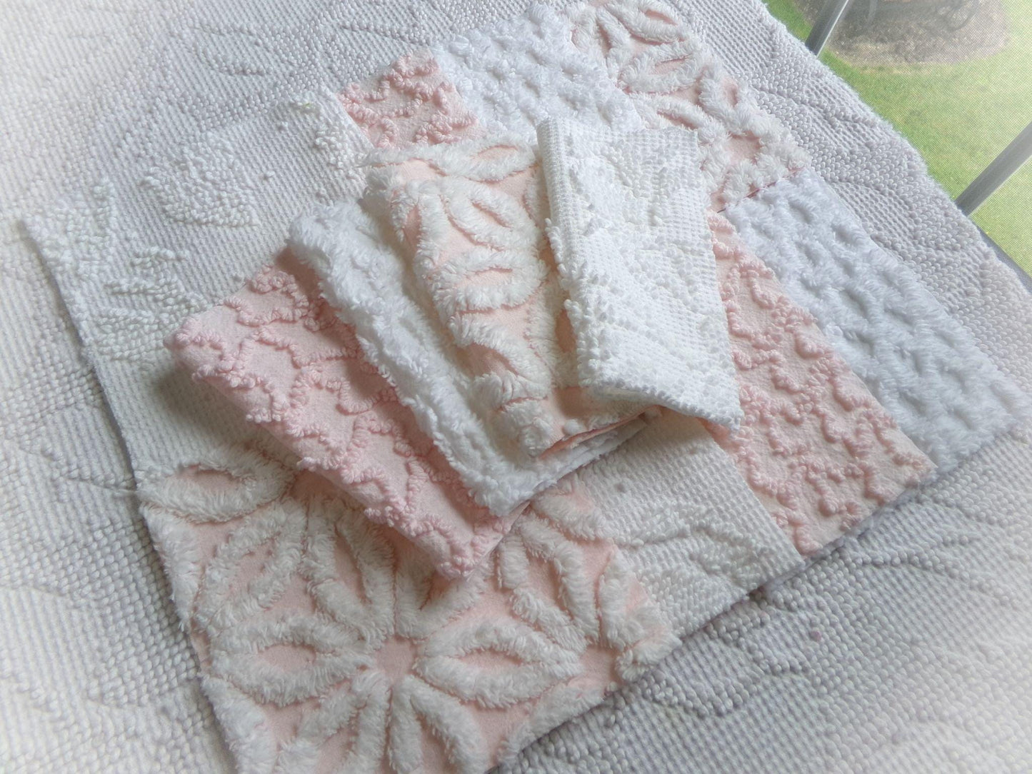 pink & white vintage 6" chenille squares, set of 12 quilt blocks in a lovely selection of popular patterns for sewing, crafts