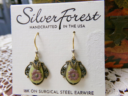 Layered Floral Dangle Pierced Earrings, Boho Vintage Style Silver Forest Made in USA
