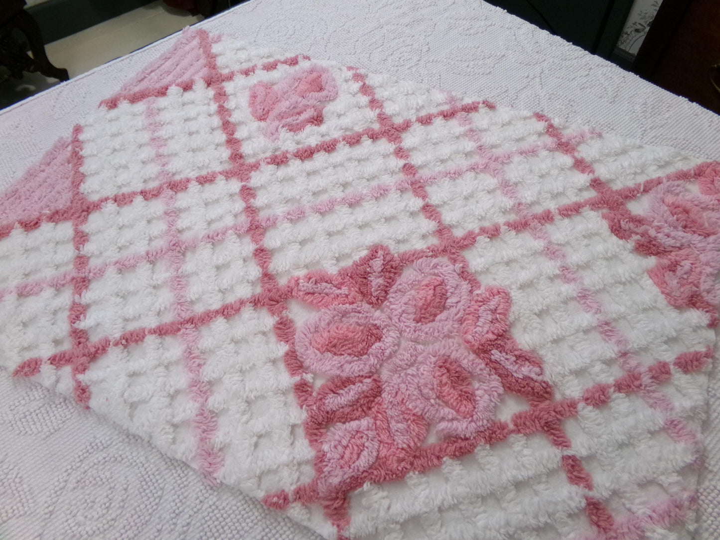white & pink rose vintage chenille bedspread fabric, cottage chic quilt material, 18" x 25" piece