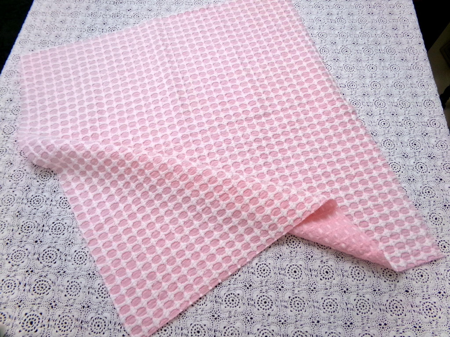 Carnation Pink White Vintage Woven Chenille Fabric Lady Galt Honeycomb Crosses 22x24"