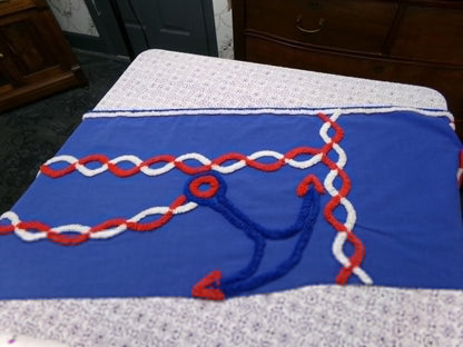 Coastal Anchor Vintage Chenille Fabric Piece 42 x 16" Red White Blue American Spirit