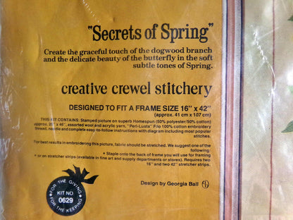 SECRETS of SPRING Crewel Embroidery Kit, HUGE Butterfly & Flowers Wall Hanging, Vintage Paragon Retro Hippie Stitchery, # 0629, Georgia Ball