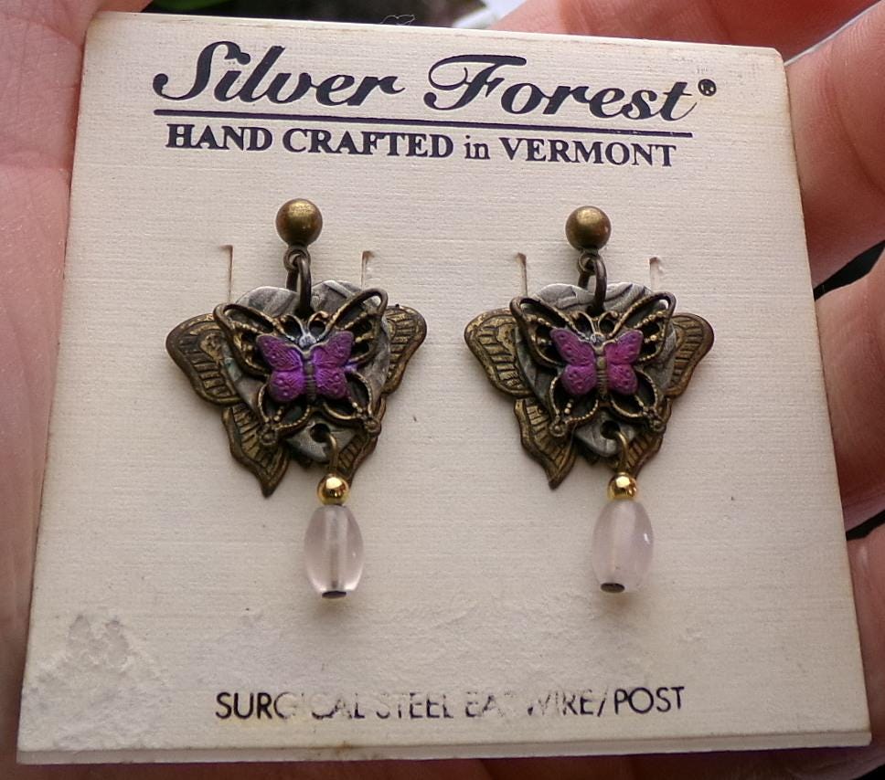 pink butterfly dangle earrings, pierced post back vintage Silver Forest Vermont jewelry