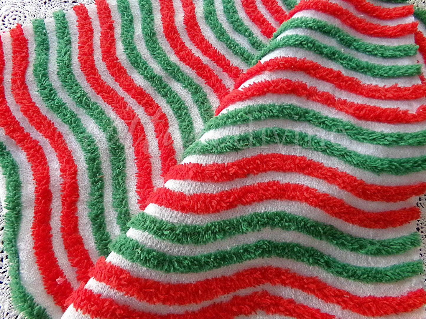 red & green ripple striped chenille fabric, festive vintage sewing material for Christmas stockings, holiday crafts, 15" x 28" inch piece