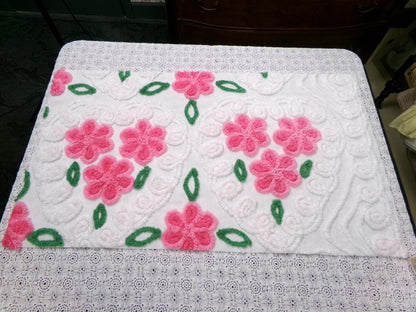 Pink White Floral Vintage Chenille Bedspread Fabric Sewing Quilt Material 17.5x30"