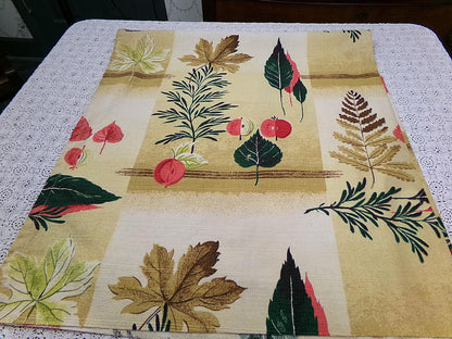 Vintage 1950s Barkcloth Fabric, Rustic Boho Shadow Autumn Leaves, Apples & Pine, 20"x46"