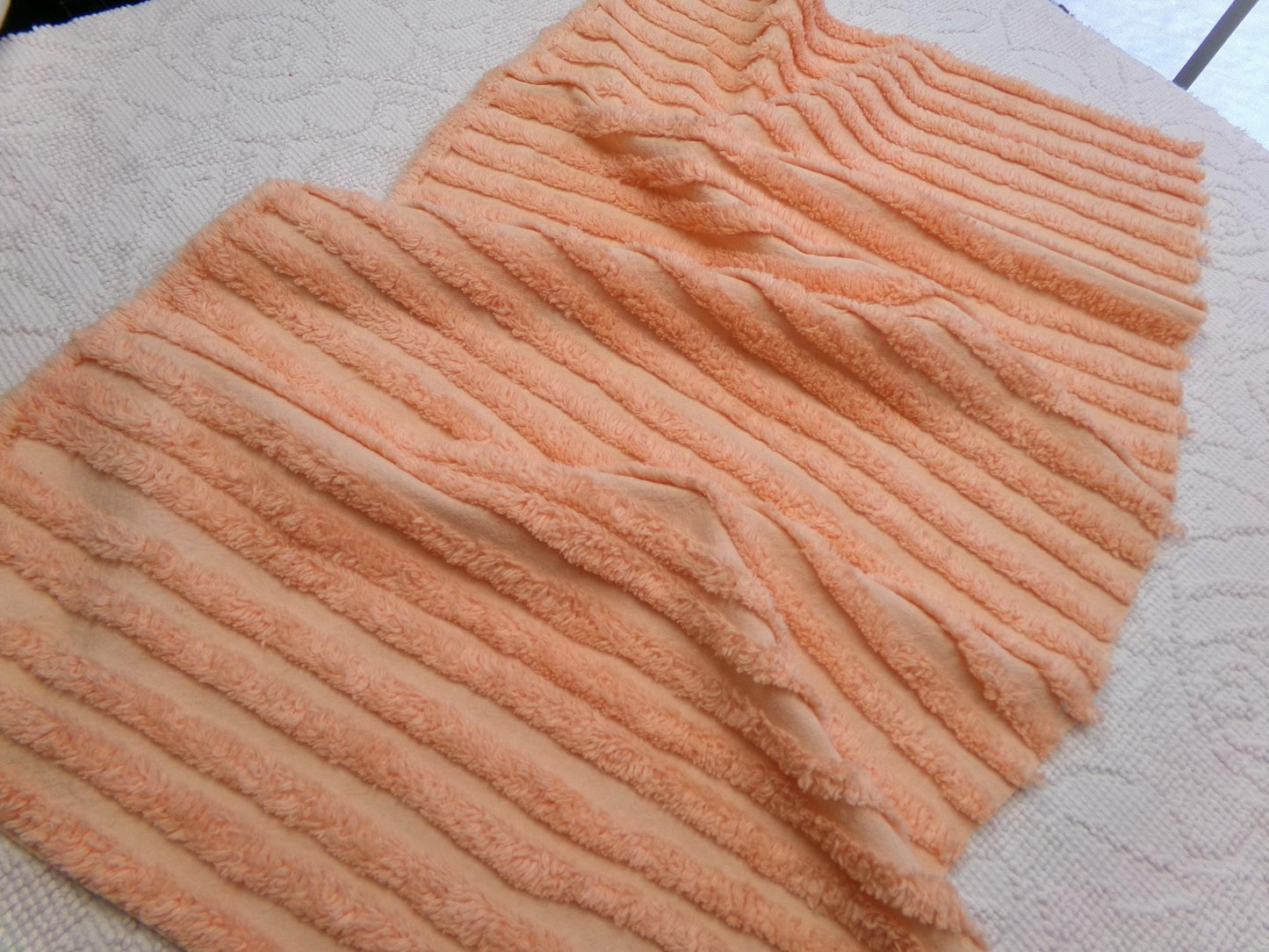Peach Vintage Chenille Bedspread Fabric, Plush Tufted Lines, 16" x 28" piece